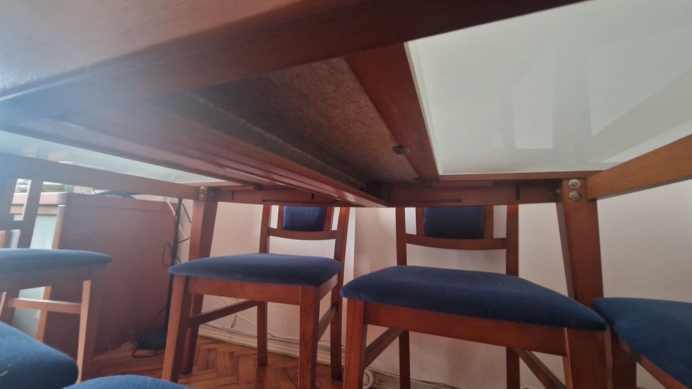 Mesa de jantar extensível em madeira maciça + 6 cadeiras | Tampo vidro