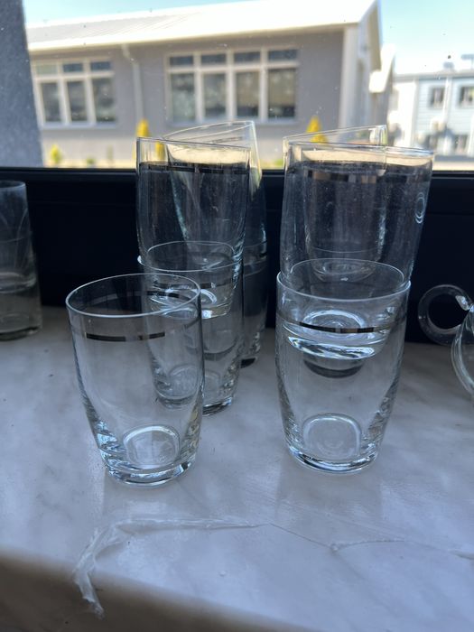 Szklanki kubeczki szkło literatki retro vintage PRL srebrny pasek