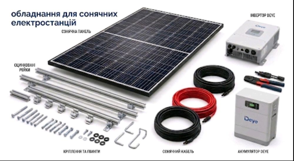 Сонячні панелі,рейка оцинкована ,гвинт шуруп,кабель сонячний,прижими