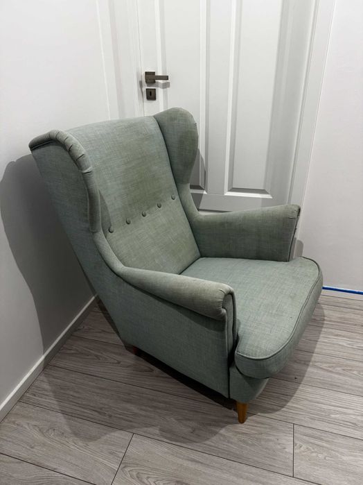 IKEA STRANDMON + podnóżek | jasna zieleń | wygodny fotel uszak