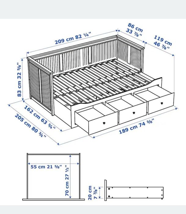 Cama individual extensível com 3 gavetas – Converte em cama de casal (1,60 m)