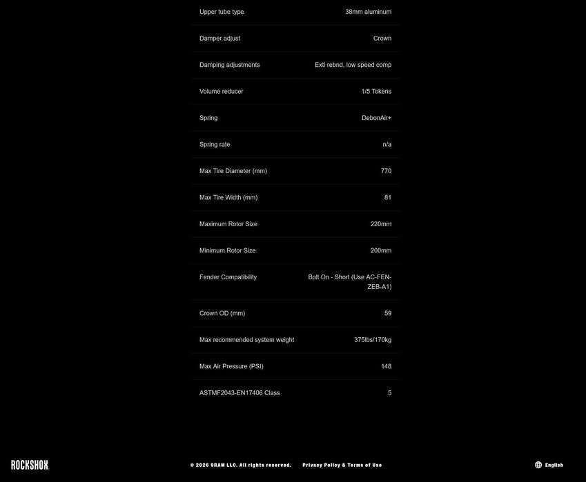 RockShox ZEB Select 160mm 29" Charger RC DebonAir+ Tapered