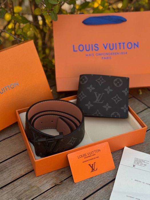 Набор Louis Vuitton мужской черный подарочный набор Лв Луи Витон | Ремінь Луї Вітон чорний чоловічий 105 см шкіряний пояс Louis Vuitton гаманець ЛВ