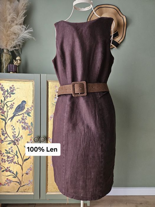 Lniana brązowa sukienka damska 100% Len Laura Berlucchi M