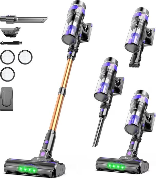 Aspirador sem cabo 500 W/60 Mins, 1,3 l aspirador de mão com escova anti-emaranhados, carregamento de parede, ecrã tátil, 6 em 1 vassoura aspirador pa