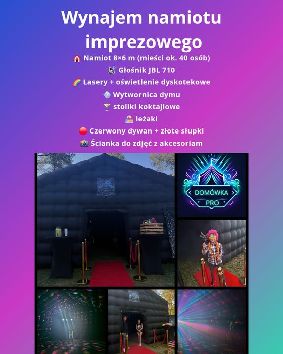 Wynajem dmuchanego imprezowego czarnego namiot głośnik lasery dym