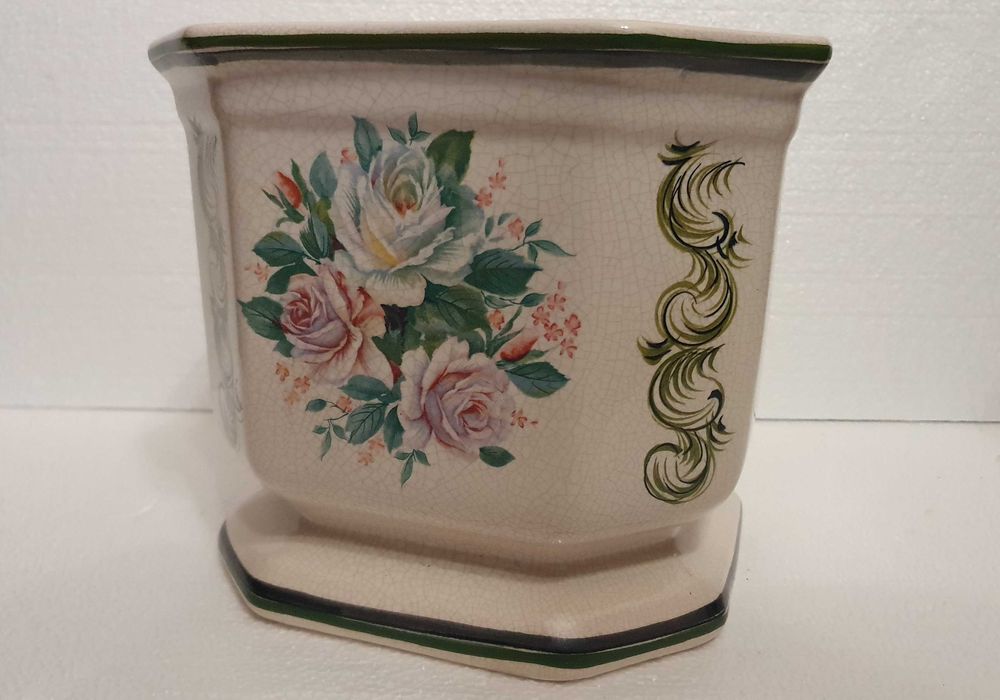 Vaso de loiça crackled de Alcobaça, pintado à mão, 25cm, Anos 90