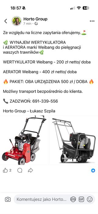 Wynajem Aeratora Aerator Weibang i Wertykulator Weibang Legnica Złotoryja Jawor Lubin
