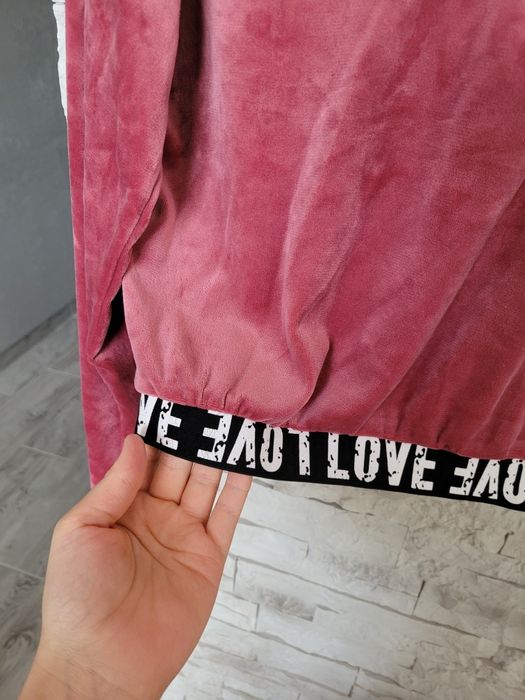 Nowy welurowy różowy dres bluza z kapturem+spodnie rurki wysoki stan L