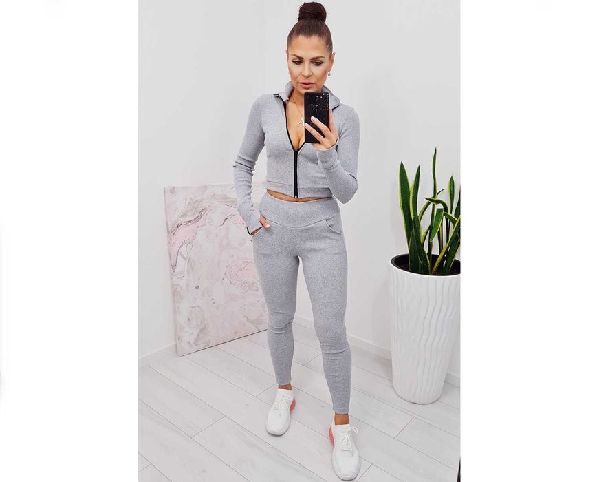 Komplet bawełniany dresowy polski prążek bluzka zamek legginsy szary
