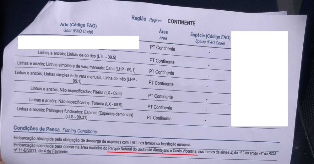 Licença pesca Sudoeste Alent. e C. Vicentina