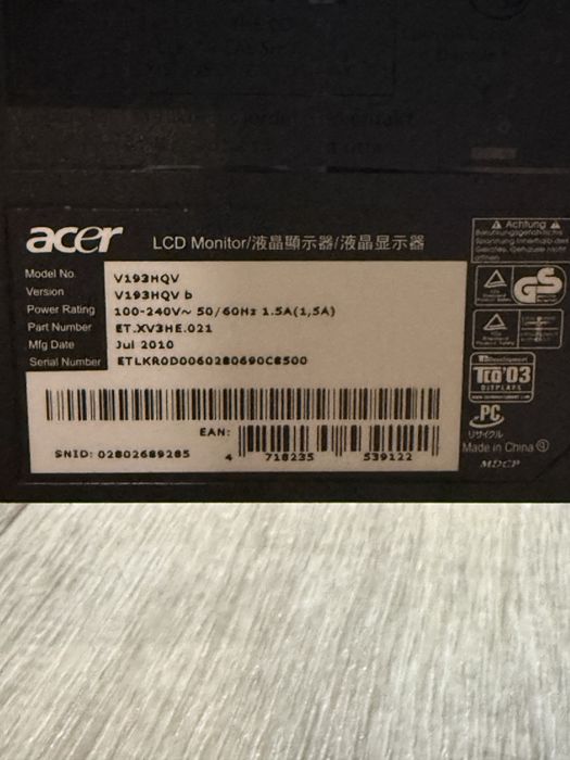 Монітор ACER model - V193HQV