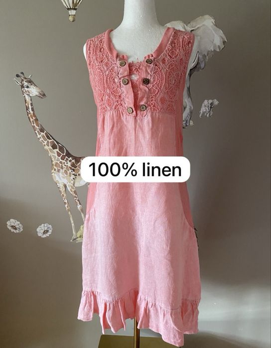 Włoska sukienka lniana 100% len pudrowy róż boho lagenlook XXXL XXL