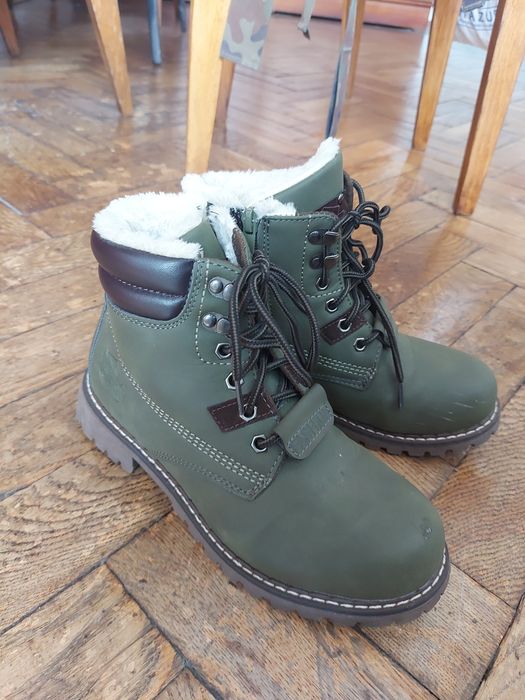 36/ 37 khaki trapery, botki z cholewka za kostkę, na zamek, ocieplane