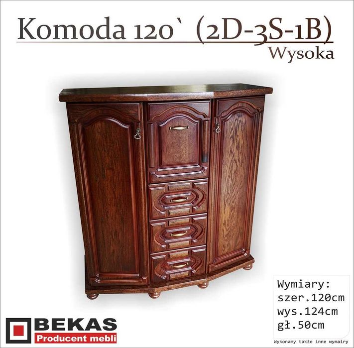 Stylowa Komoda 120 Wysoka (3D-2S) Dąb Rustikalny Producent BEKAS Meble
