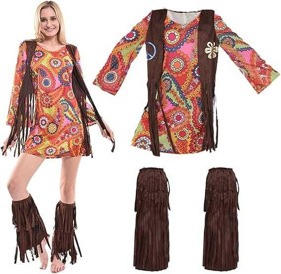 Kostium hippiski, 3 elementy Lata 70. Sukienka, opaska, ocieplacze S-L