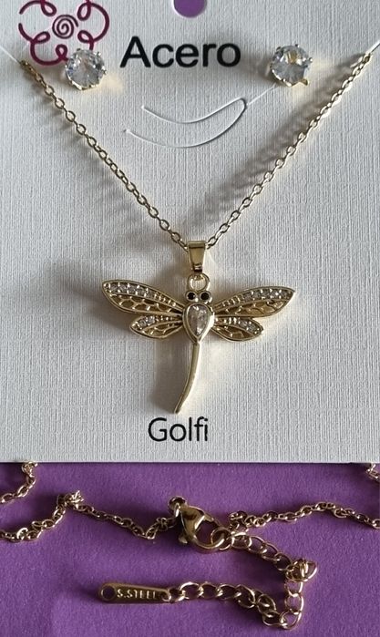 Conjunto dourado (colar e brincos), em aço, com  libelinha.