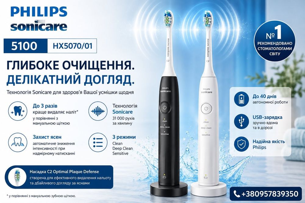 Зубна щітка Philips Sonicare 5100 HX5070/01.Оригінал — 31 000 рухів/хв, 3 режими, насадка C2, захист ясен, USB-зарядка та 40 днів автономної роботи.