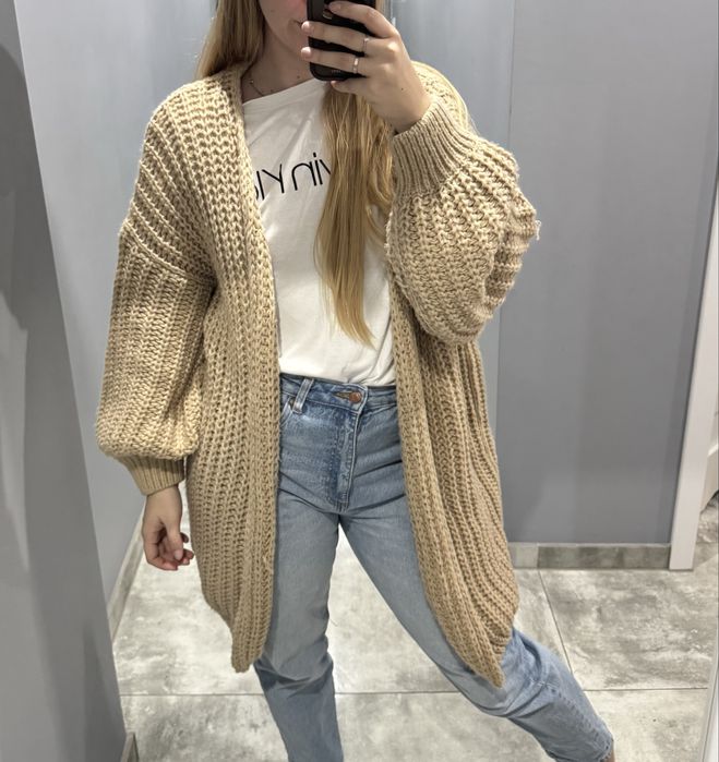 Beżowy kardigan długi sweter sweterek oversize casual