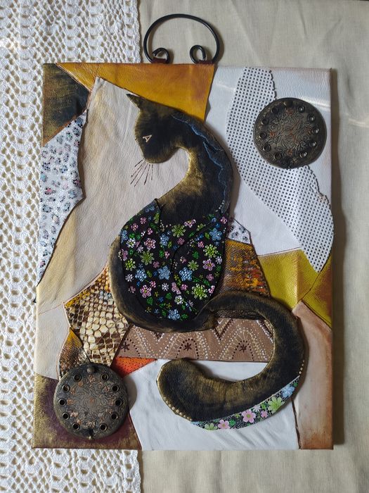 Дві картини, декоративні панно "Два кота" шкіра натуральна, ексклюзив ...