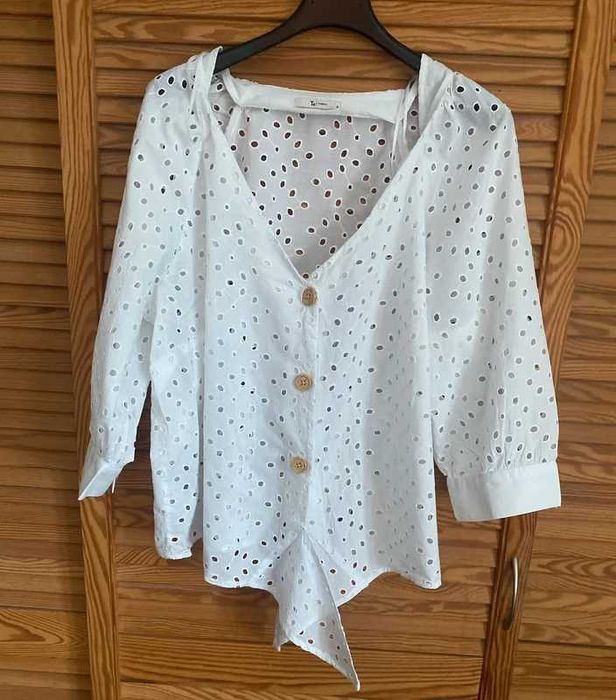 biała ażurowa haftowana bluzka tu 46 XXXL koszula haft wiązana