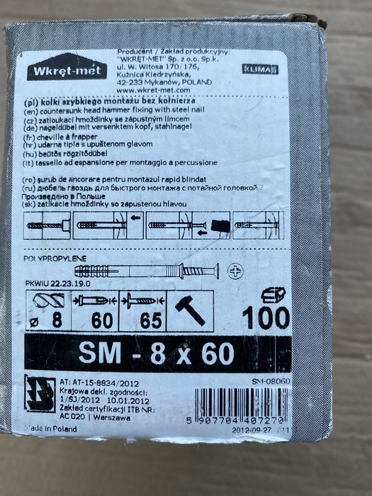 Kołki szybkiego montażu bez kołnierza SM 8x60