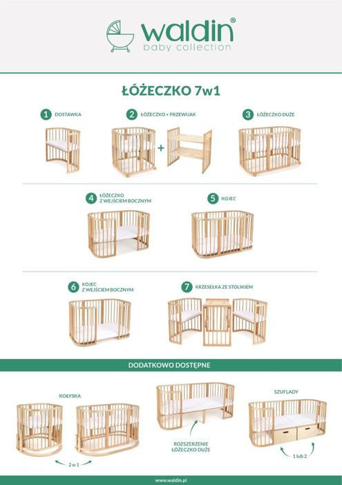 Łóżeczko niemowlęce Waldin 7w1 Owalne Białe