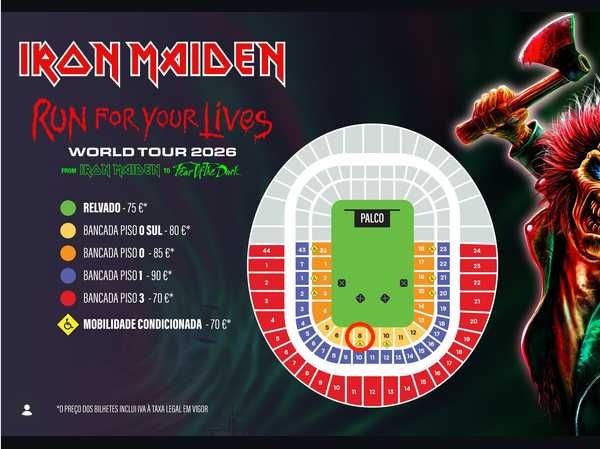 2x Bilhetes / Tickets para IRON MAIDEN Lisboa 7 JULHO 2026 Bancada Frontal ao palco, Piso 0