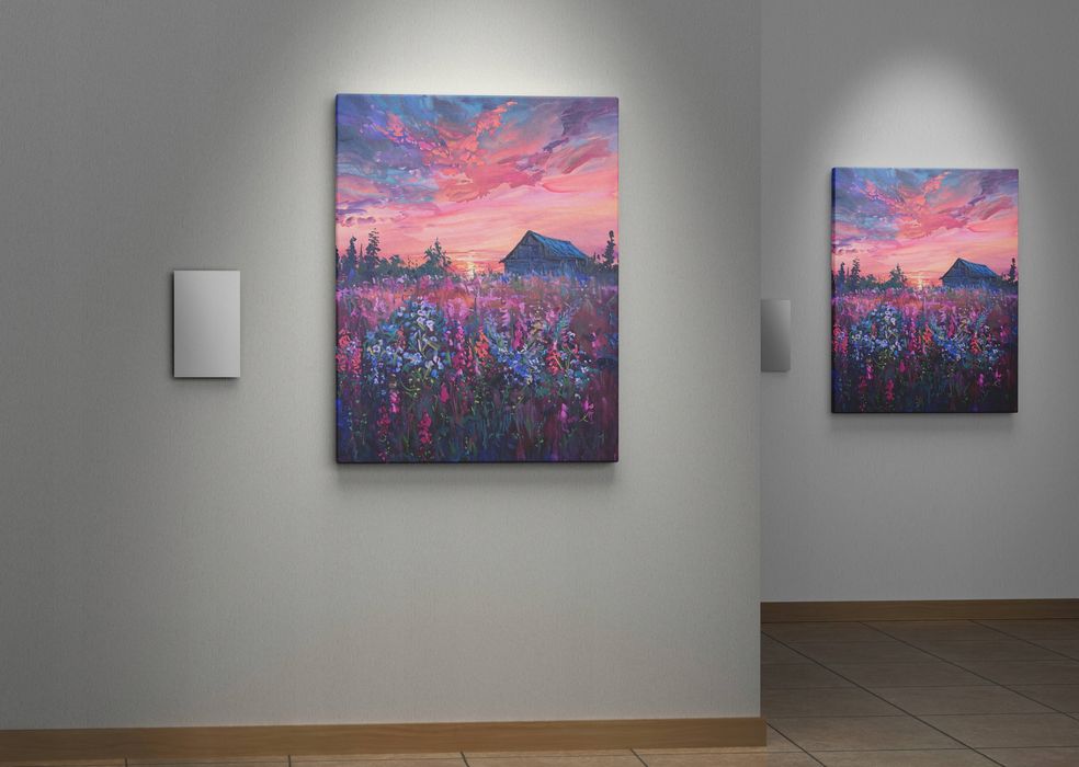 Obraz na płótnie "Zachód Słońca nad Kwiatowym Krajobrazem" 90x120 cm