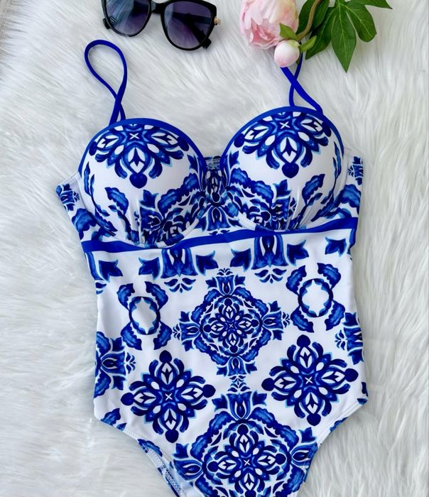 Jednoczęściowy strój, kostium kąpielowy damski, biały, niebieski M