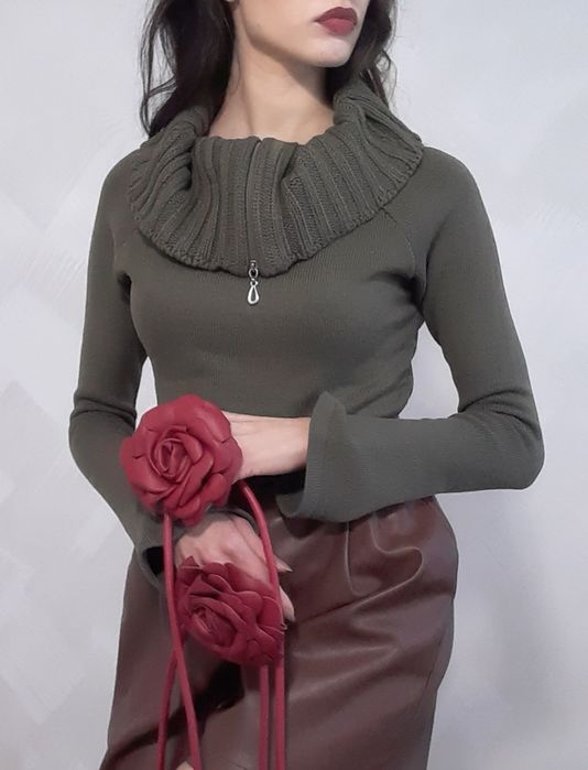 Vintage sweter z rozpinanym kołnierzem khaki jumper with zipped collar