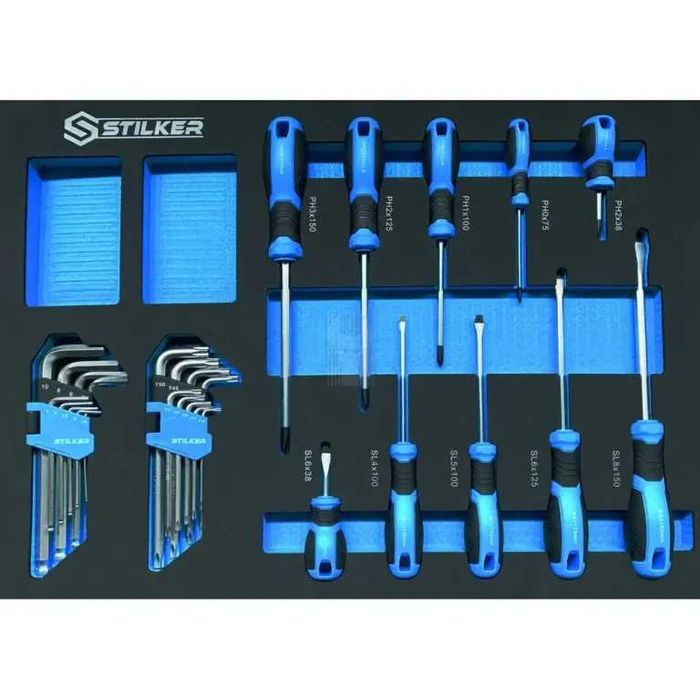 KIT Armário Modular de Oficina 4 Elementos com 147 Ferramentas + Enrolador 10+1 Metros STILKER LL29