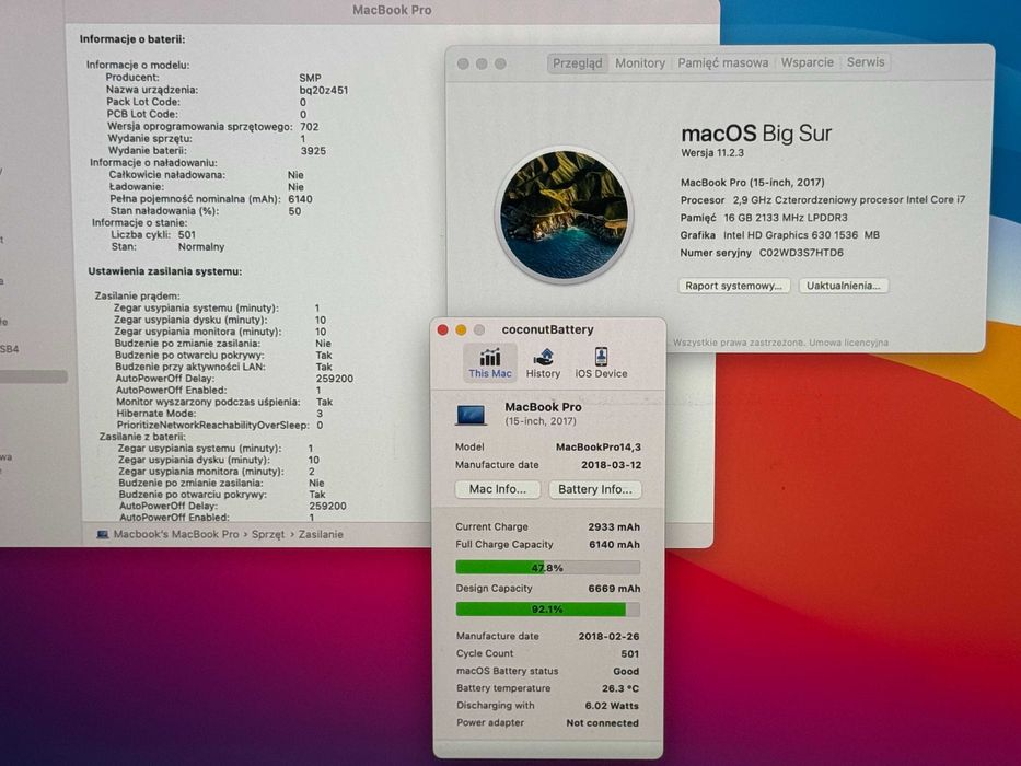 Apple MacBook Pro 15 2017 TouchBar - i7 16GB / 512GB - 91% Kondycji Baterii - Gwarancja - Stan BDB -