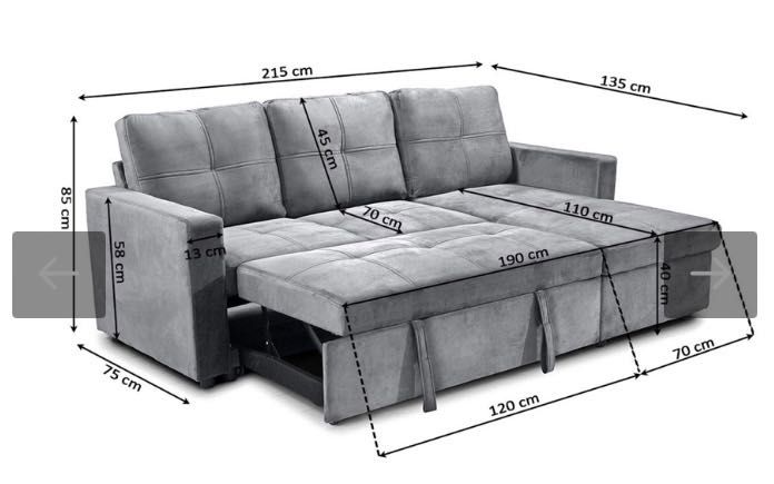 Sofá cama com chaise long e baú