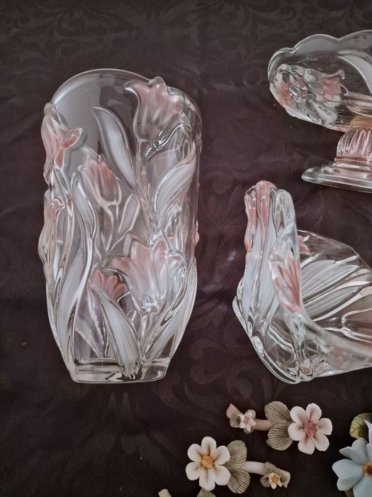 Conjunto Vintage de Cristal Mikasa Germany centro de mesa Tulipas Rosa