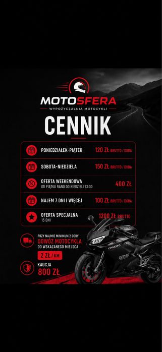 Wypozyczalnia, najem motocykli kat. B, A