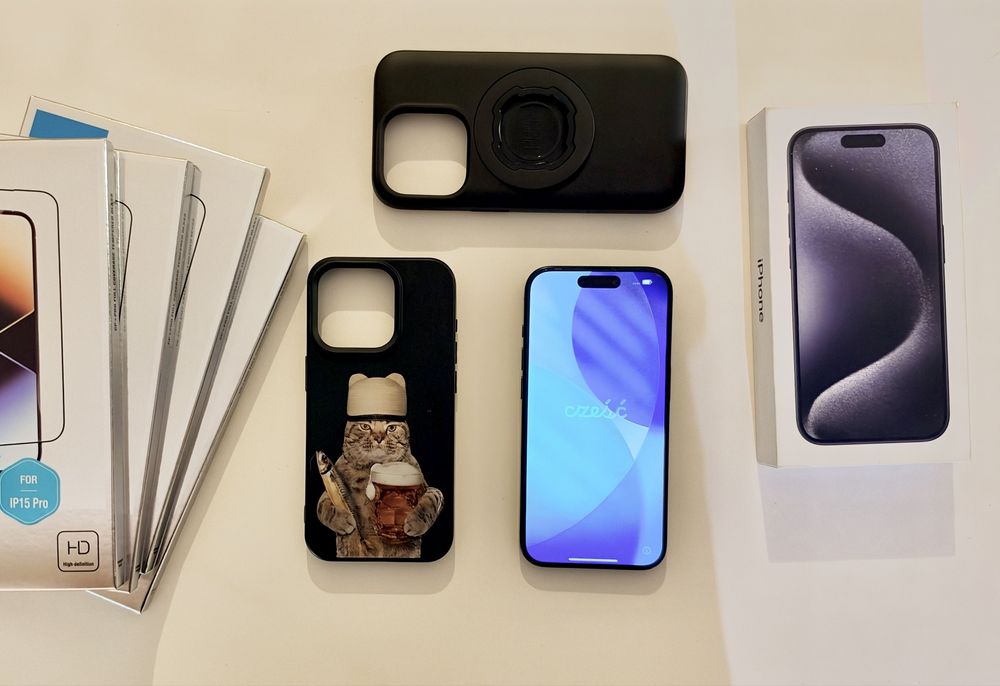 iPhone 15 Pro 512GB Blue Titanium pudełko +2 etui QuadLock + 4 szkła Nillkin