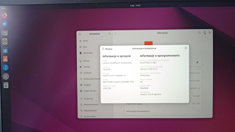 Laptop Lenovo X1 Carbon gen 6 i7-8650U 16GB 512GB fullhd/dotyk linux