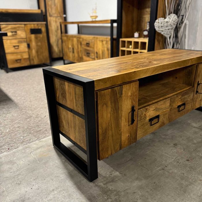 Loftowa szafka rtv egzotyczne drewno mango seria Britt 140cm nowa F-V