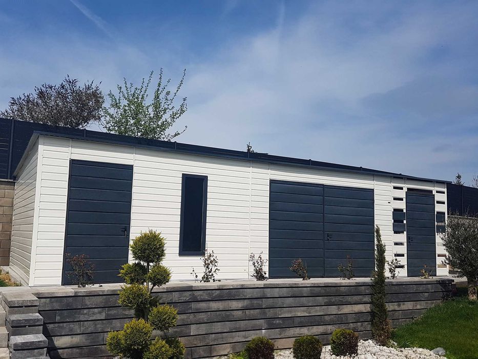 Domek ogrodowy 8×4 m + wiatka + Okno premium + Drzwi – biały/grafit