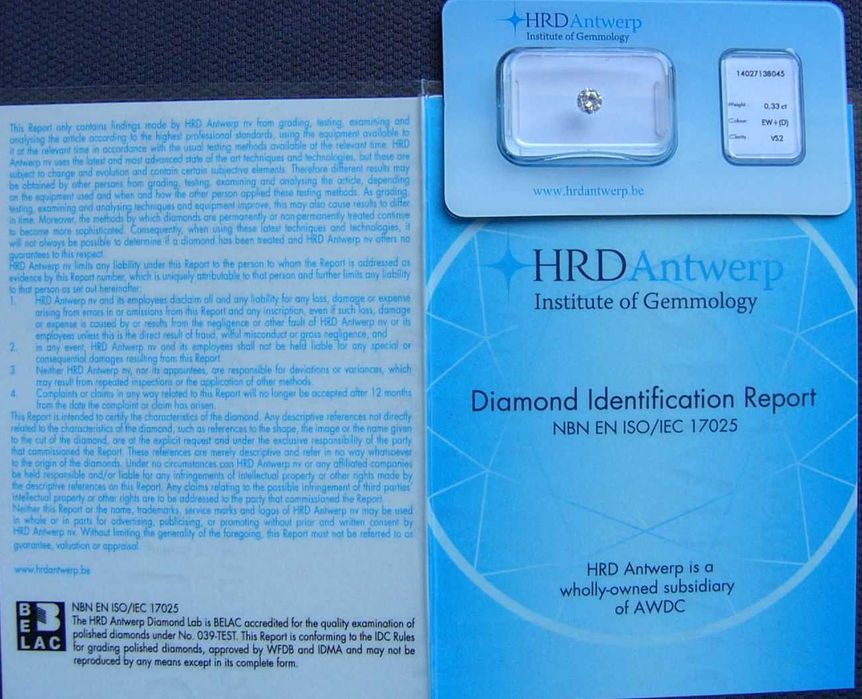 BRYLANT 0.33 ct VS2 D 4,53 mm Certyfikat HRD Diament EX