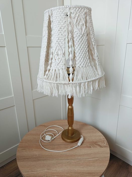 LAMPA stojąca nocna / Abażur z makramy kremowy / Wys. 80cm