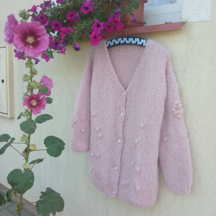 Nowy ręcznie robiony sweter kardigan handmade Drops Melody pudrowy róż