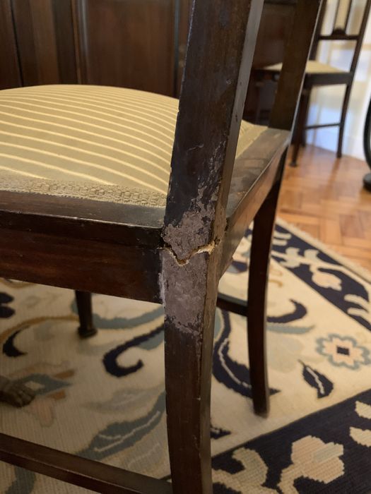 6 Cadeiras Antigas Vintage Madeira e Talha Dourada Estofo Seda