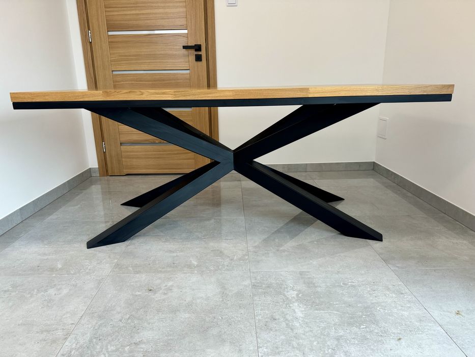 Solidny stół dębowy 180x90 cm – lite drewno, metalowa podstawa