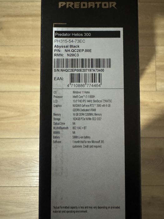 Acer Predator Helios 300 i7-11800H RTX3060 6GB 16GB RAM
