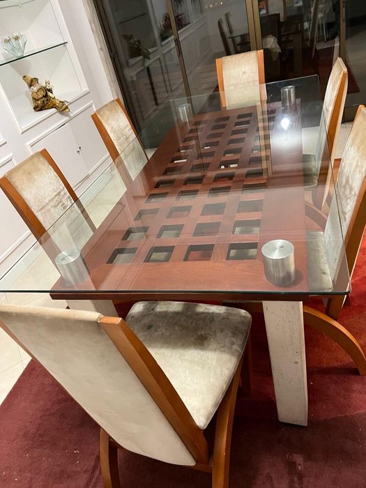 Mesa de jantar em madeira e vidro + 6 cadeiras
