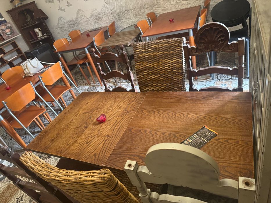 Table, chairs, freezer, fridge,