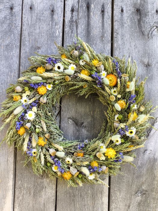 Віночок натуральний з сушених трав і квітів на двері/стіну