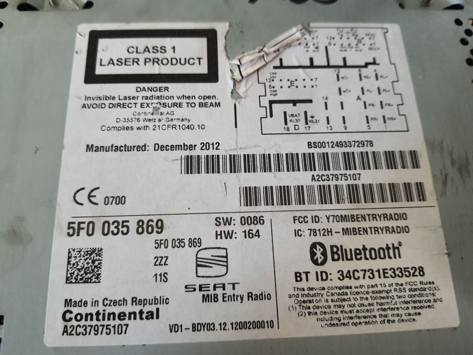 Radio samochodowe SEAT VW MIB Entry VD1 / Bluetooth, AUX, Multimedia LEON 3 III Ibiza Toledo